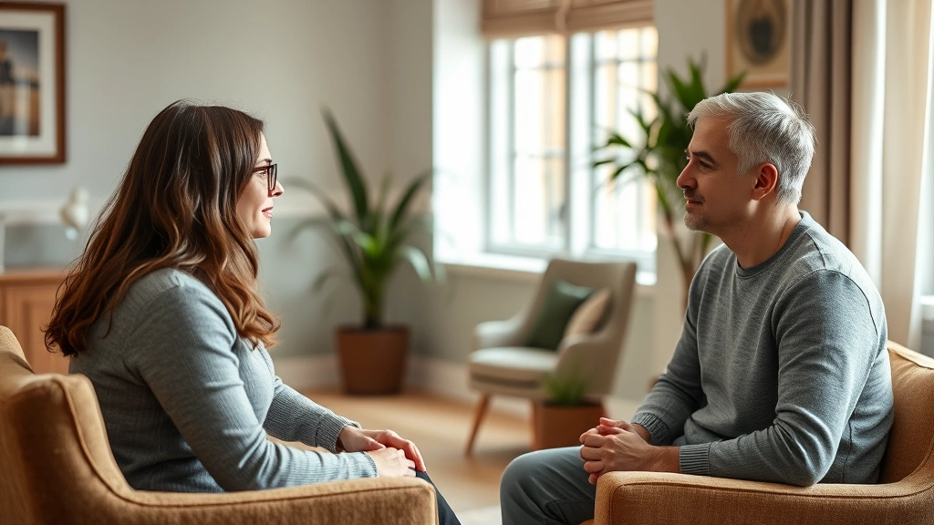 Professional mental health counselor listening attentively to client during therapy session in warm, welcoming office with natural light and comfortable seating, both appearing engaged and focused