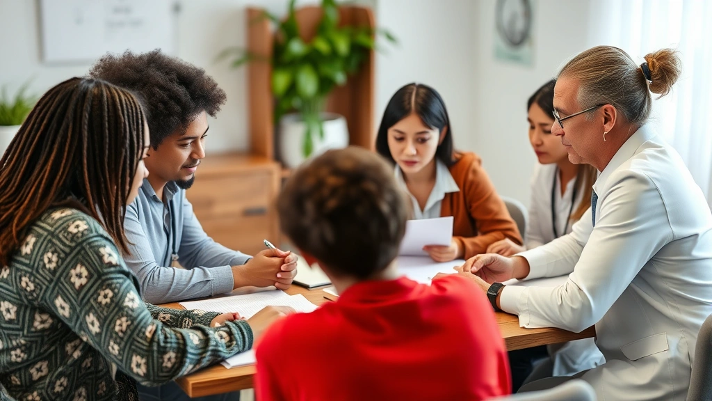 Diverse team of mental health professionals collaborating around table reviewing case notes and care plans, displaying teamwork and professional engagement in community setting