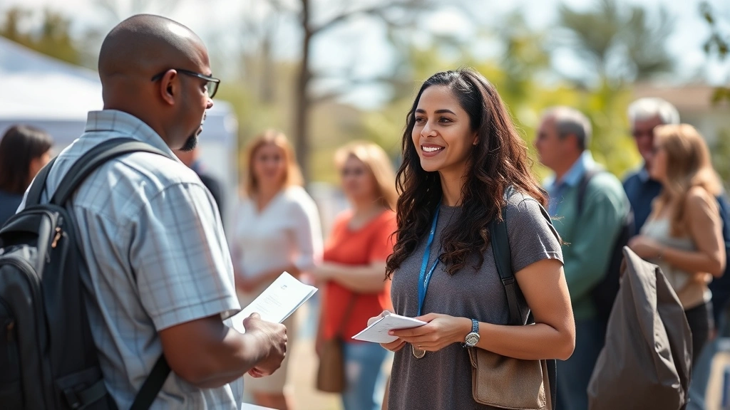 Mental health worker conducting community outreach at outdoor health fair, speaking with residents, demonstrating accessibility and community-focused mental health support in natural environment