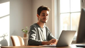 Person sitting at wooden desk in bright morning light, eyes focused on work, peaceful expression, natural sunlight from window, minimalist workspace with plant, shallow depth of field emphasizing concentration