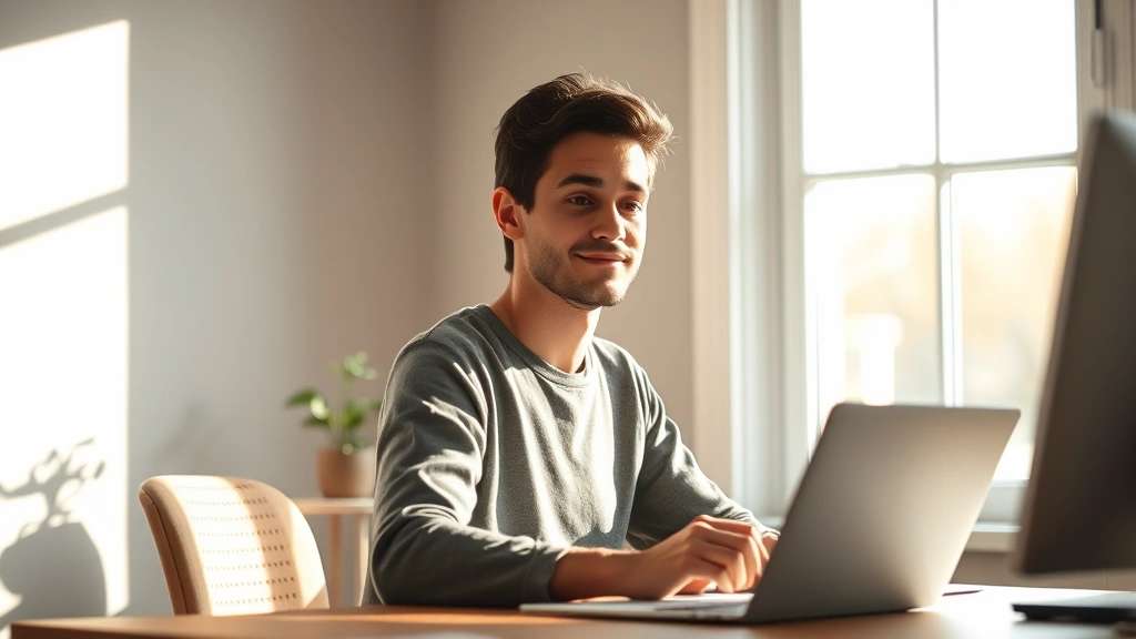 Person sitting at wooden desk in bright morning light, eyes focused on work, peaceful expression, natural sunlight from window, minimalist workspace with plant, shallow depth of field emphasizing concentration