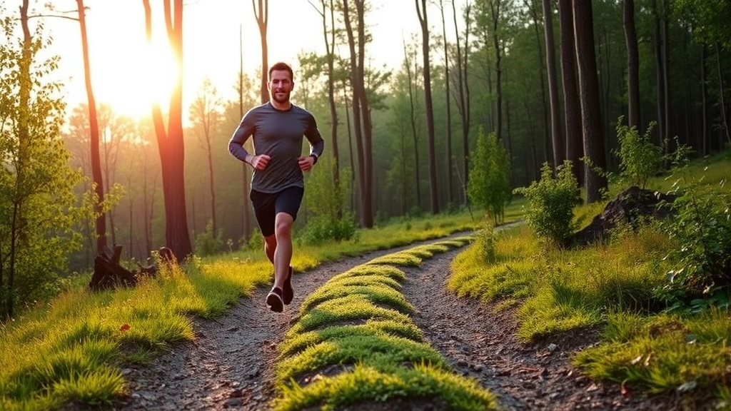Active person jogging outdoors on forest trail at sunrise, natural green environment, movement captured mid-stride, energetic posture, diffused morning light, peaceful natural setting