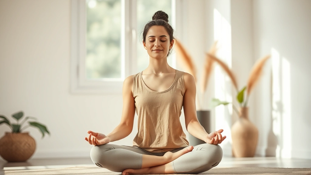 Person meditating cross-legged in calm interior space with soft natural light, peaceful facial expression, relaxed shoulders, botanical elements in background, warm neutral tones, serene atmosphere