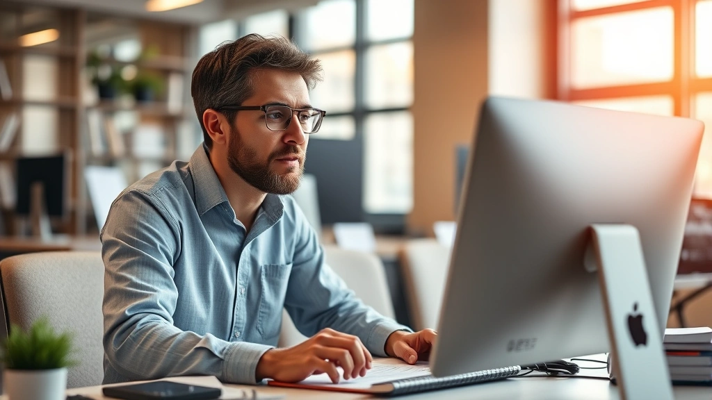 Mental health researcher analyzing data on computer in modern office environment, focused expression, warm lighting, papers and notebooks on desk, professional setting