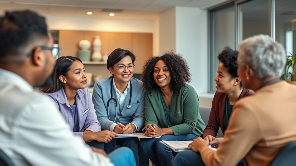 Diverse group of community mental health professionals in discussion during team meeting, engaged expressions, inclusive atmosphere, modern healthcare facility setting