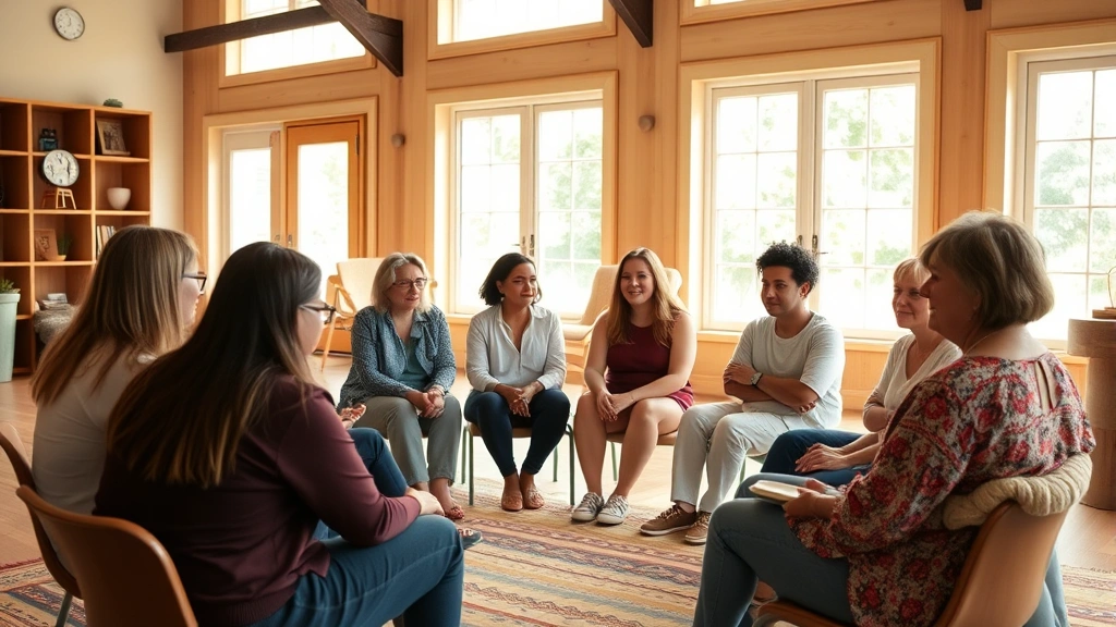 A diverse group of people sitting in a circle during a support group meeting in a warm, welcoming community center with natural light streaming through windows, showing genuine connection and listening