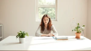 Serene person sitting at minimalist desk with clear workspace, natural window light streaming in, focused expression, plants visible, warm neutral tones, peaceful concentration
