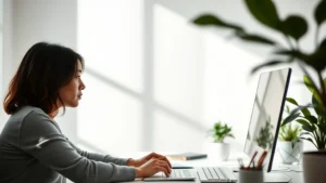 Person in focused work session at minimalist desk with natural light, face showing concentration, calm professional environment with plants, no screens visible