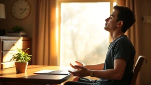 Person sitting at wooden desk in morning sunlight, eyes closed in meditation with peaceful expression, plant on desk, completely focused and calm demeanor, warm natural lighting