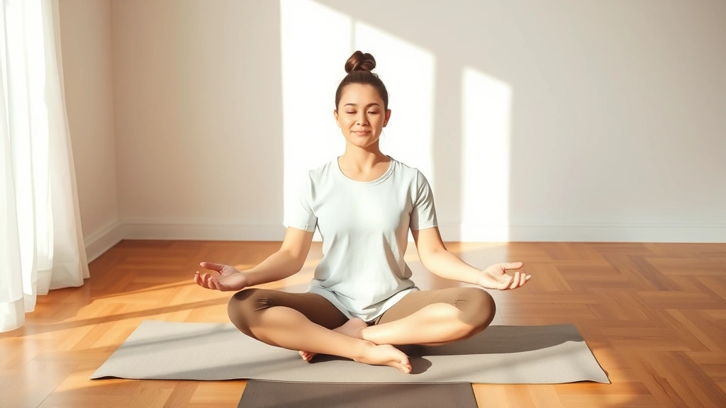 Individual in meditation pose on comfortable mat, calm facial expression, soft natural lighting, wooden flooring, zen aesthetic, embodying mindful focus and tranquility