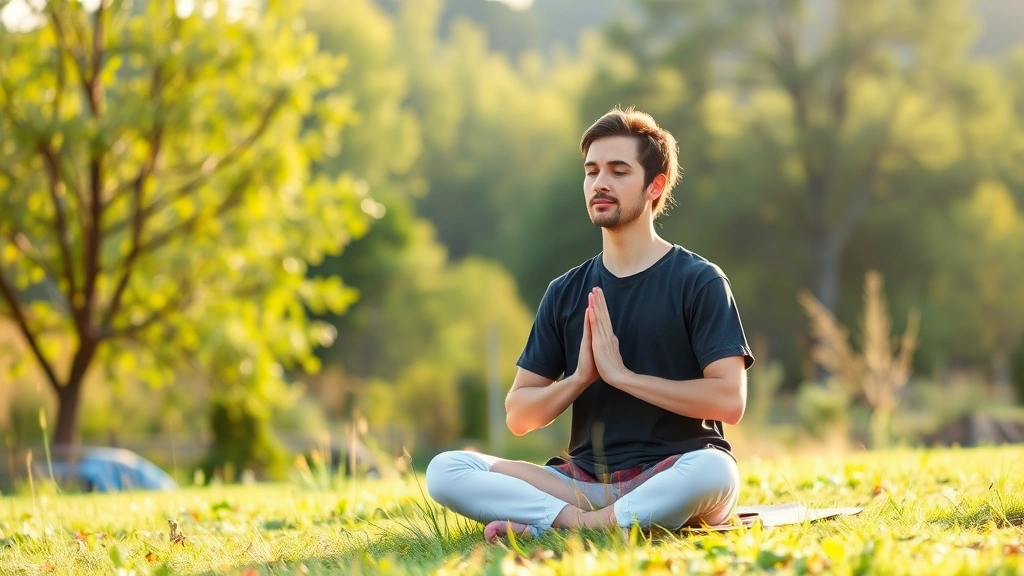 Someone meditating outdoors in natural setting, peaceful expression, surrounded by nature, morning or afternoon light, demonstrating mindfulness practice