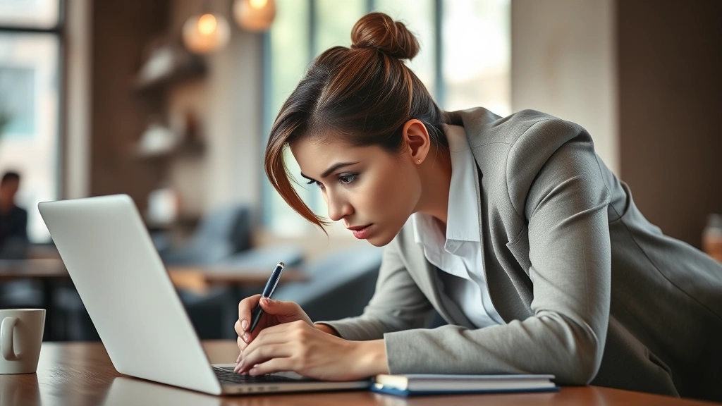 Professional woman in coffee shop with laptop, notebook, and pen, leaning forward with intense concentration, soft background blur, natural window light, determined focused expression
