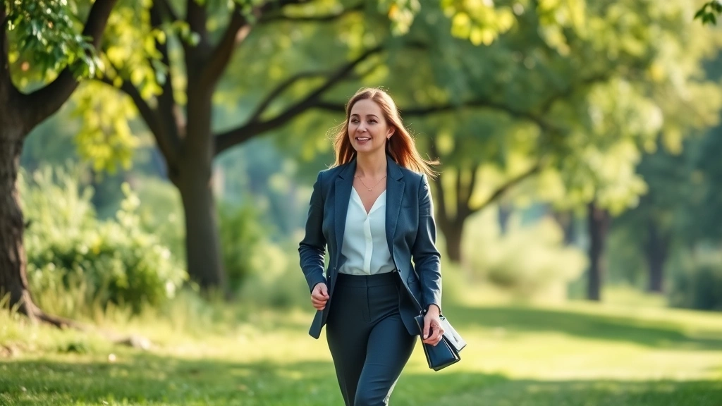 Professional walking outdoors in natural setting, engaged posture, trees and greenery visible, morning or afternoon light, active movement, vibrant and energetic atmosphere