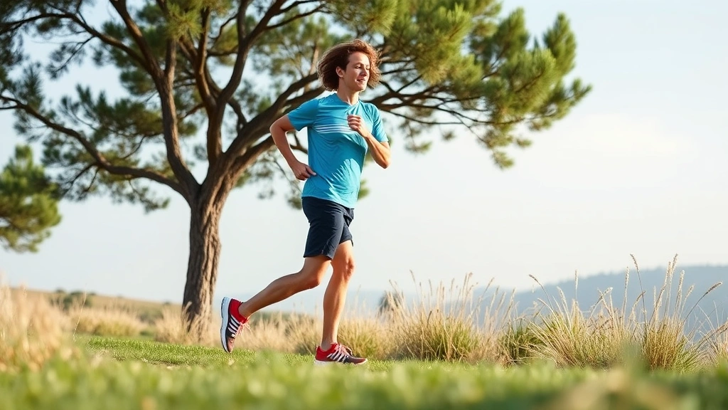 Individual exercising outdoors, jogging or walking in nature, energetic motion, natural landscape background, showing physical activity benefits for cognition