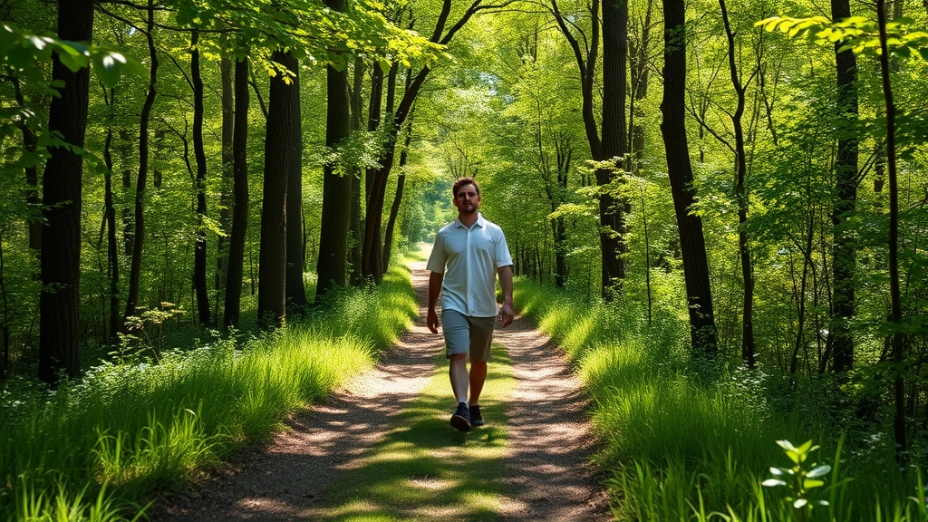 Man walking on nature trail surrounded by trees and greenery, bright sunlight filtering through leaves, calm peaceful stride, fresh outdoor environment, visible mental clarity