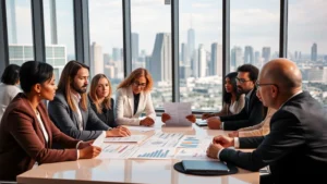 Group of diverse community leaders in professional attire sitting around a conference table with serious focus, examining data charts and documents together in a modern meeting room with large windows showing a city skyline