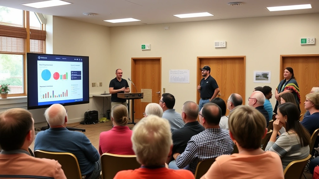 Team of community council members presenting data visualizations on a screen to an attentive audience in a community center, showing collaborative energy and purposeful engagement around shared metrics