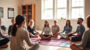 Group of diverse people sitting in circle during mindfulness meditation session in bright, calm San Francisco community center, warm natural lighting, focused peaceful expressions, no visible text or signage