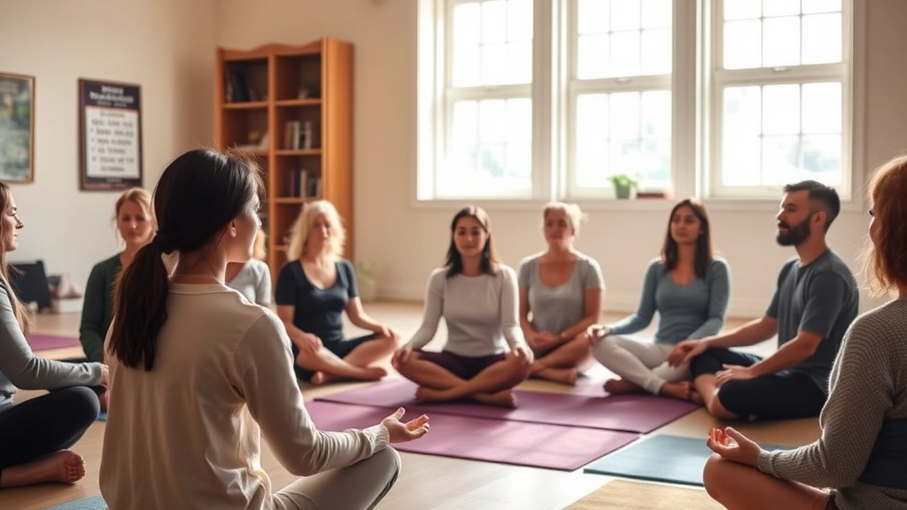 Group of diverse people sitting in circle during mindfulness meditation session in bright, calm San Francisco community center, warm natural lighting, focused peaceful expressions, no visible text or signage