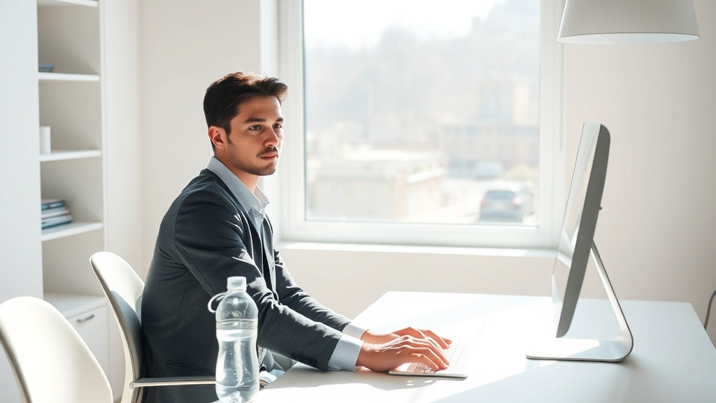 Person sitting at minimalist desk in natural sunlight, focused on work, calm serene expression, clean workspace with water bottle visible, photorealistic, professional setting