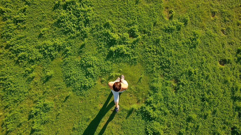Overhead view of person taking a mindful break outdoors, walking on green grass, peaceful natural environment, bright daylight, serene atmosphere, no text