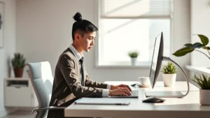 Professional working deeply focused at minimalist desk with soft natural light, serene expression, clean workspace, no screens visible