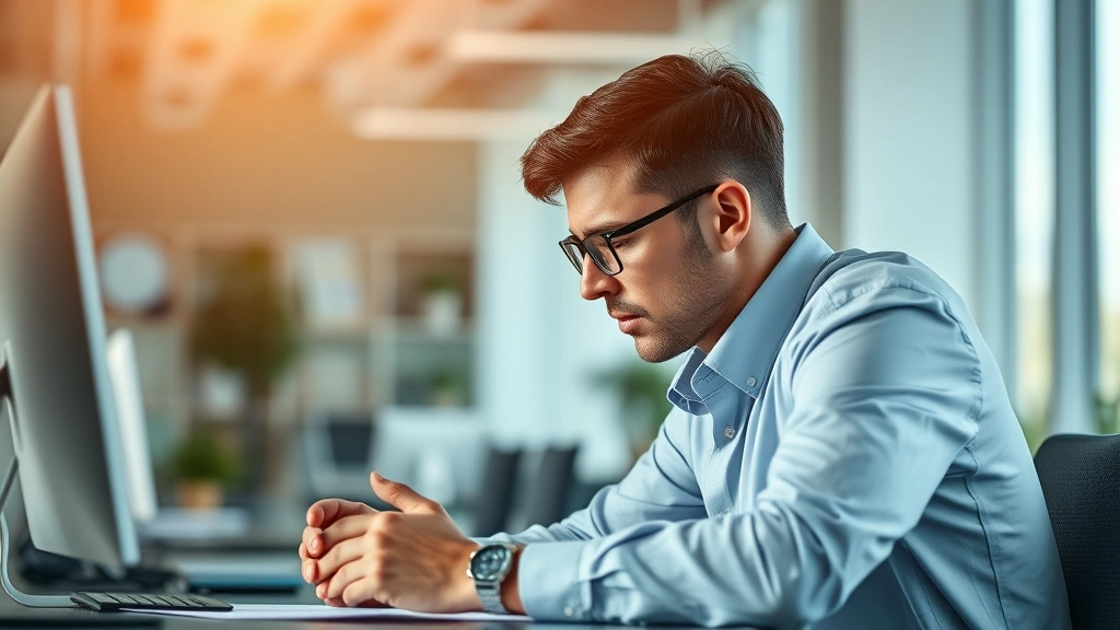 Professional person in modern office, deep concentration, sunlit workspace, hands on desk, blurred background showing minimal distractions, calm focused expression, morning light