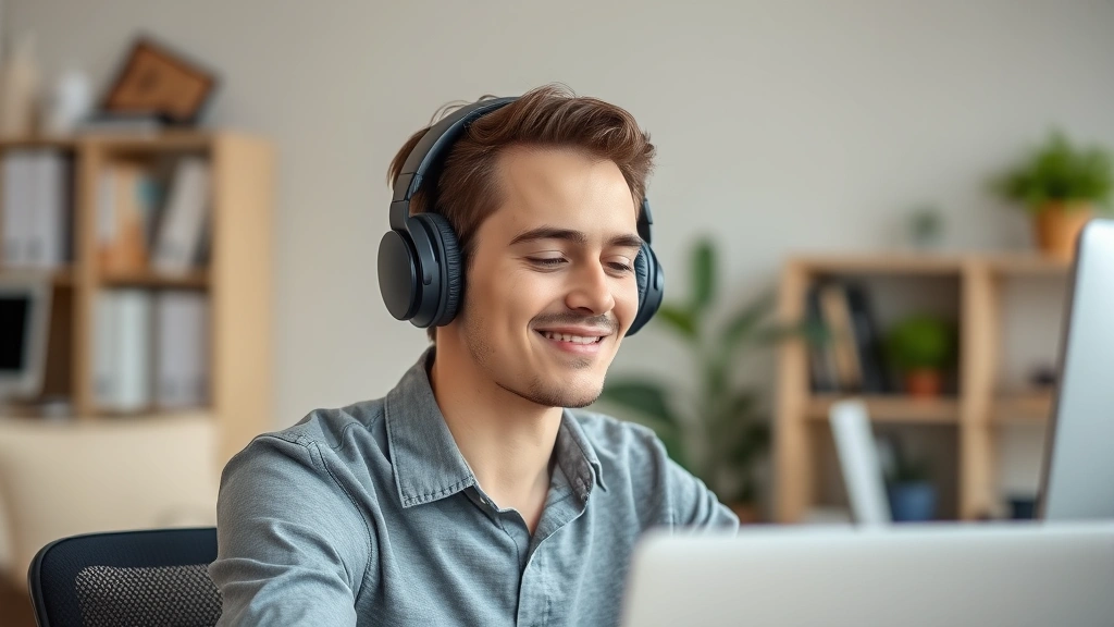 Person wearing focus-supporting headphones in flow state, relaxed posture, subtle smile, engaged with work, peaceful office environment