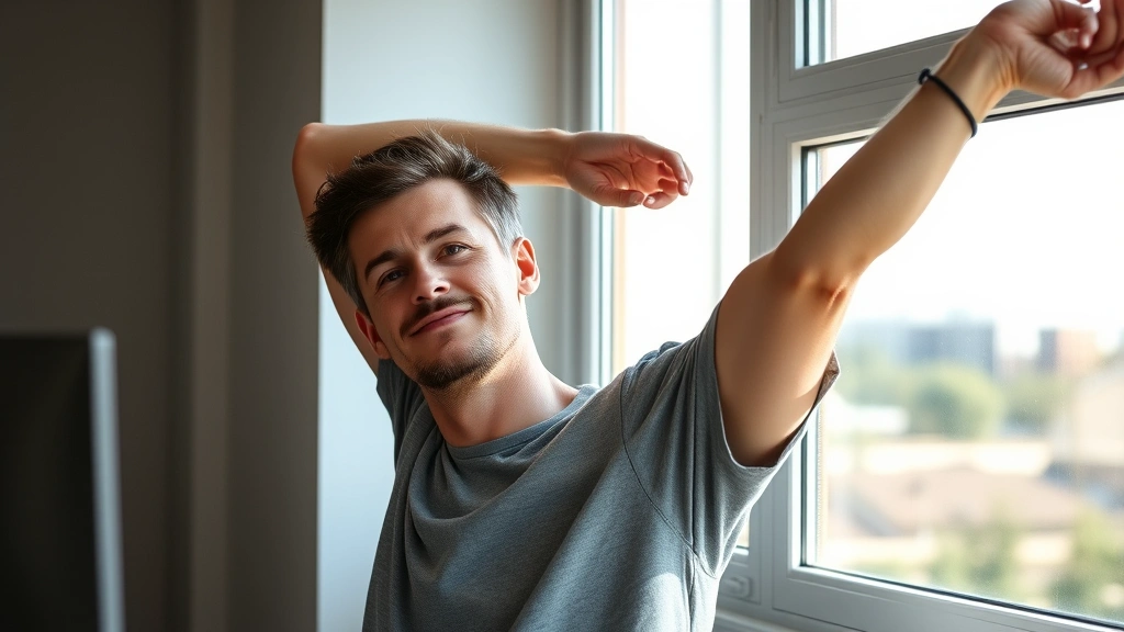 Person taking break from work, stretching near window, natural light, peaceful expression, outdoor scenery visible, relaxed posture, recovery moment between focus sessions