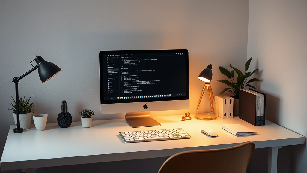 Minimalist workspace setup, clean desk with single focused task, organized environment, warm lighting, plant life visible, serene atmosphere, ready for deep work