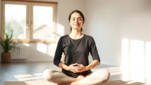 Person sitting peacefully in natural light, hands resting gently on lap, serene facial expression, indoor meditation space with soft sunlight, photorealistic, focusing on calm emotional presence