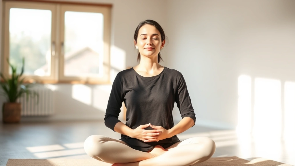 Person sitting peacefully in natural light, hands resting gently on lap, serene facial expression, indoor meditation space with soft sunlight, photorealistic, focusing on calm emotional presence