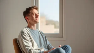 Person sitting peacefully with serene expression, natural lighting from window, minimal background, photorealistic, demonstrating emotional calm and mental clarity