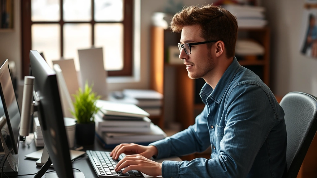 Individual working at desk with clear focused expression, surrounded by organized workspace, natural window lighting, hands on keyboard, demonstrating mental clarity and concentration