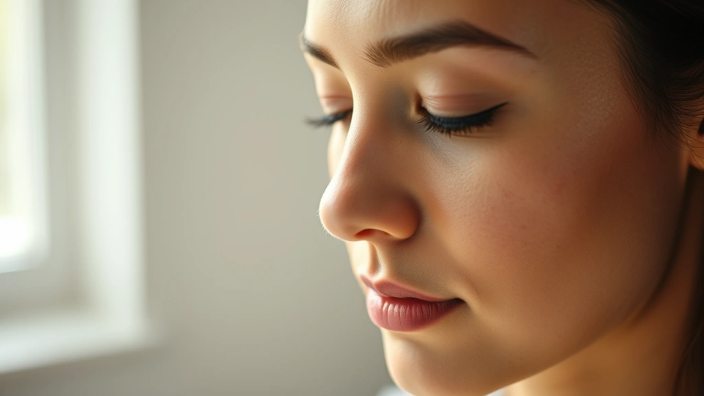 Close-up of someone's focused face during concentration or meditation, soft natural lighting, peaceful expression, no distractions visible, photorealistic wellness imagery