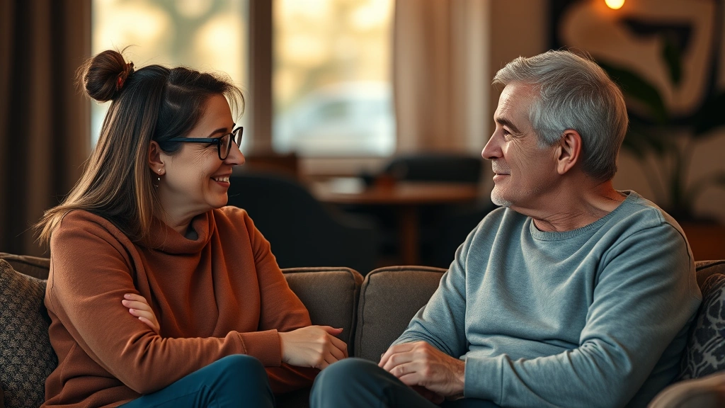 Two people having a meaningful conversation, warm lighting, engaged expressions, comfortable seating, demonstrating emotional connection and healthy communication, photorealistic