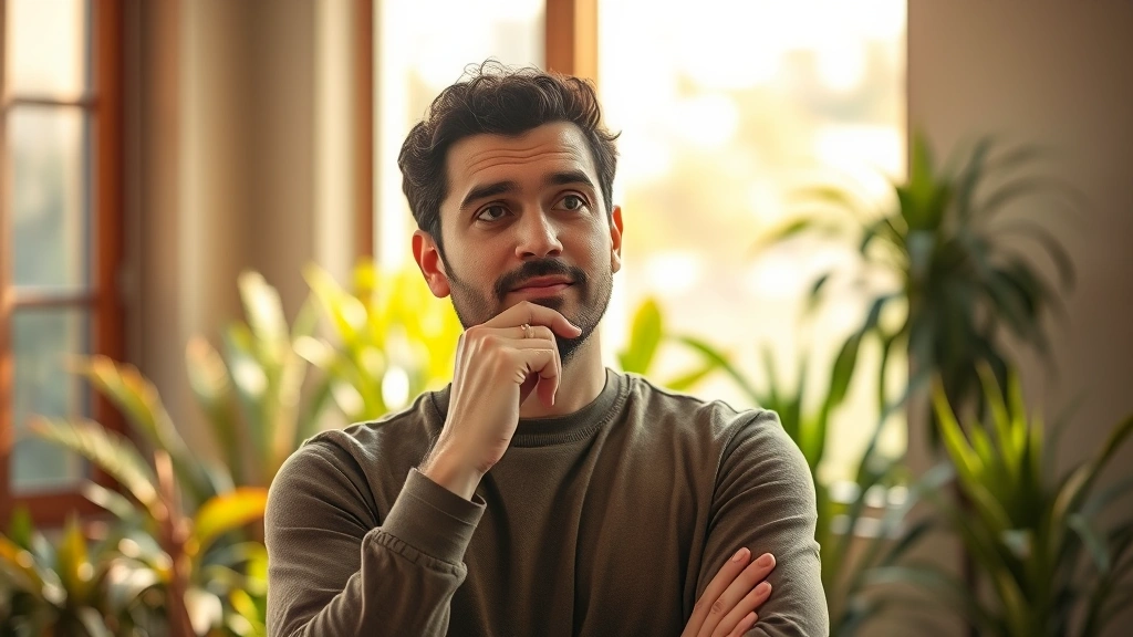 Individual in thoughtful pose with hand to chin, warm natural lighting, serene environment with plants, conveying both mental processing and emotional balance, photorealistic