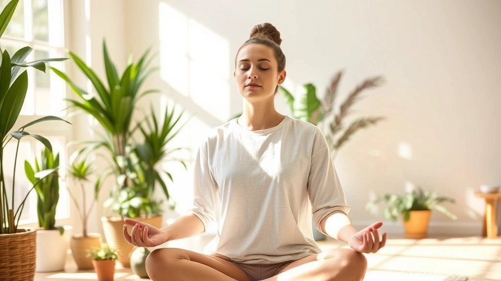 Person meditating peacefully in sunlit room with plants, calm focused expression, serene environment, natural light streaming through window, embodying mental clarity and emotional peace