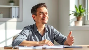 A person sitting peacefully at a desk in bright natural light, hands relaxed, looking calm and focused with a clear expression, suggesting mental clarity and cognitive wellness