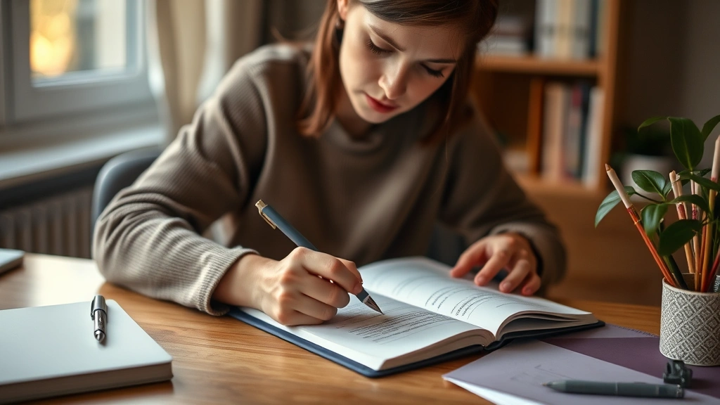 Individual journaling thoughtfully at desk with soft warm lighting, pen in hand, contemplative posture, comfortable workspace, representing emotional processing and self-reflection