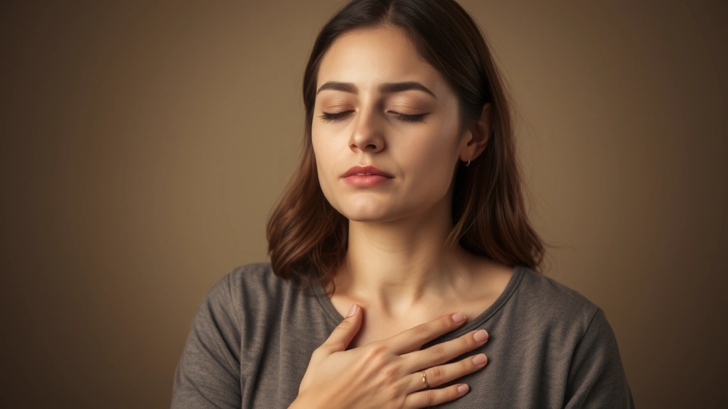 A woman with eyes closed, hand on heart, in a moment of emotional awareness and self-connection, warm lighting, peaceful expression showing emotional processing