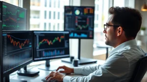 Professional investor analyzing financial data on multiple computer monitors in modern office setting, focused concentration on performance charts and stock comparisons, natural daylight through windows