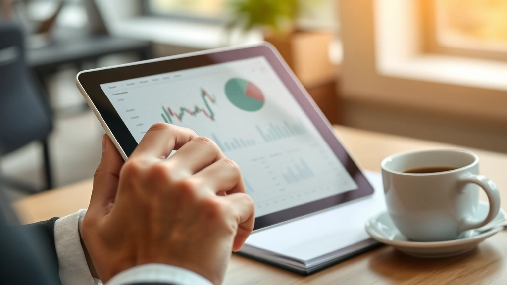 Close-up of hands holding tablet displaying interactive financial charts with stock performance data, coffee cup nearby on desk, blurred office background suggesting focused work environment