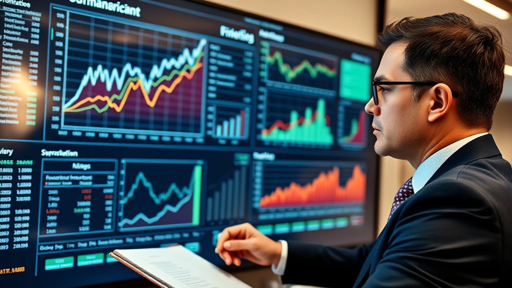Financial analyst in business attire reviewing comparative performance metrics on large display screen, notepad visible with analytical notes, serious concentration expression showing deep engagement with data