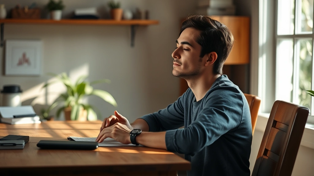 A person sitting peacefully at a wooden desk in soft natural light, hands gently resting on the desk, calm facial expression, warm and serene workspace environment with subtle greenery visible