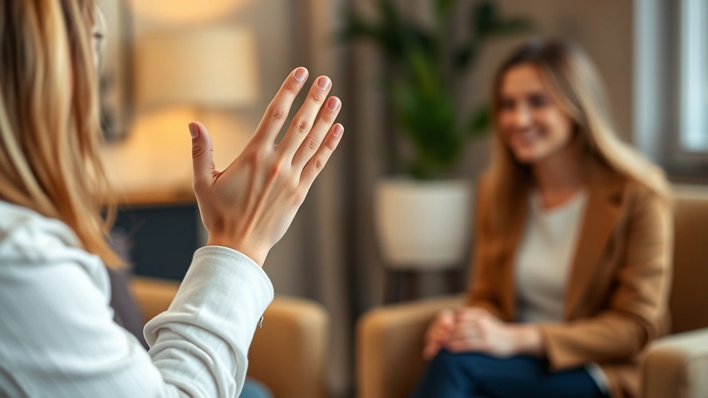 A therapist's hand gesturing in supportive manner during a counseling session, warm professional setting with soft lighting, compassionate body language, focused but gentle demeanor