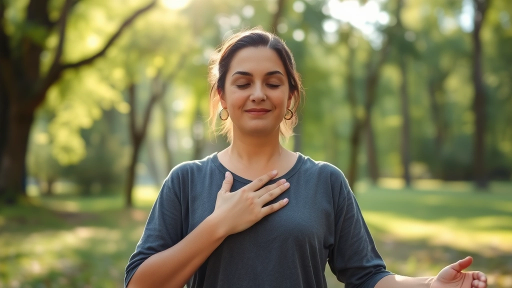 Someone meditating with hand placed on heart, peaceful expression, natural outdoor setting with soft sunlight filtering through trees, conveying self-compassion and mindfulness practice