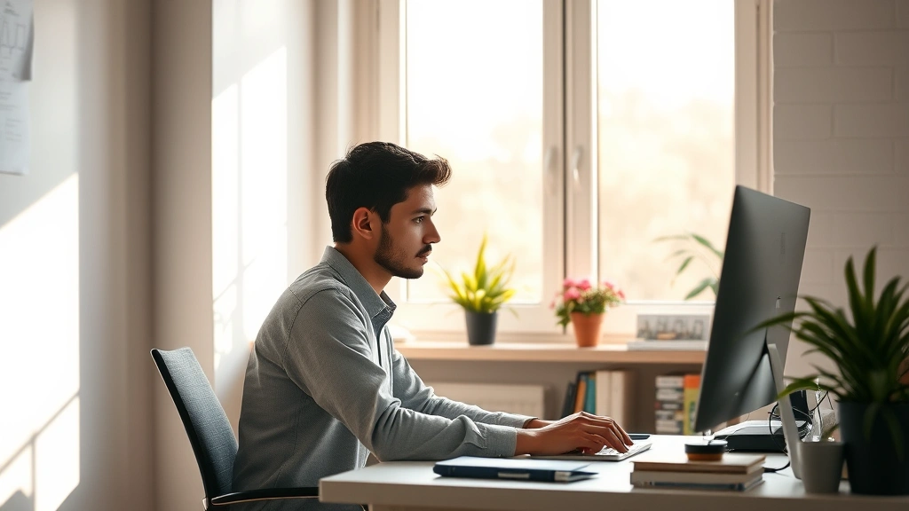 Person in bright, minimalist workspace with natural light, sitting at desk with single focused task visible, calm concentrated expression, plants and organized desk, warm afternoon sunlight through window, photorealistic