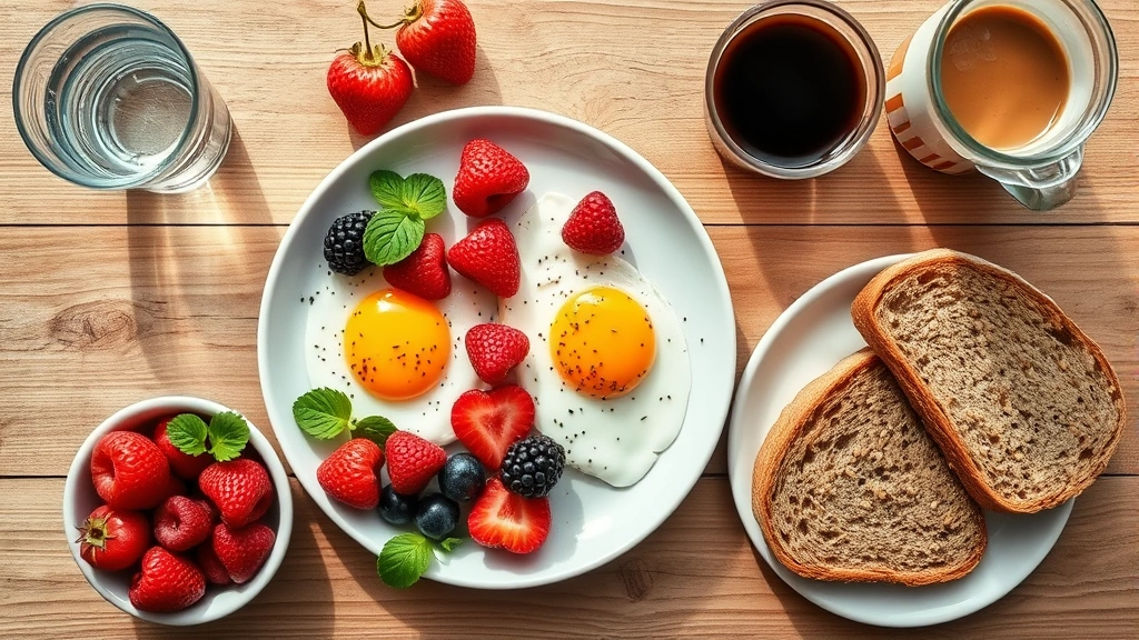 Overhead view of healthy breakfast with eggs, berries, whole grain toast, coffee, water glass on wooden table, natural morning light, vibrant fresh foods, no text visible, photorealistic