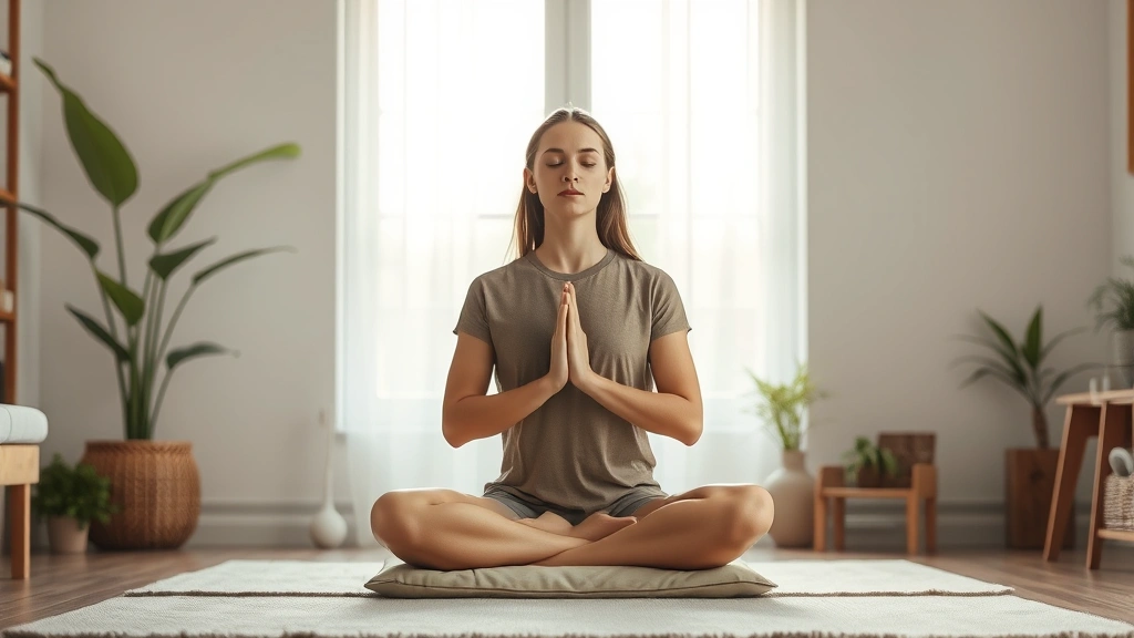 Person in meditation pose in peaceful room with soft diffused light, calm facial expression, sitting on cushion near window, serene atmosphere with plants, minimal furnishings, photorealistic